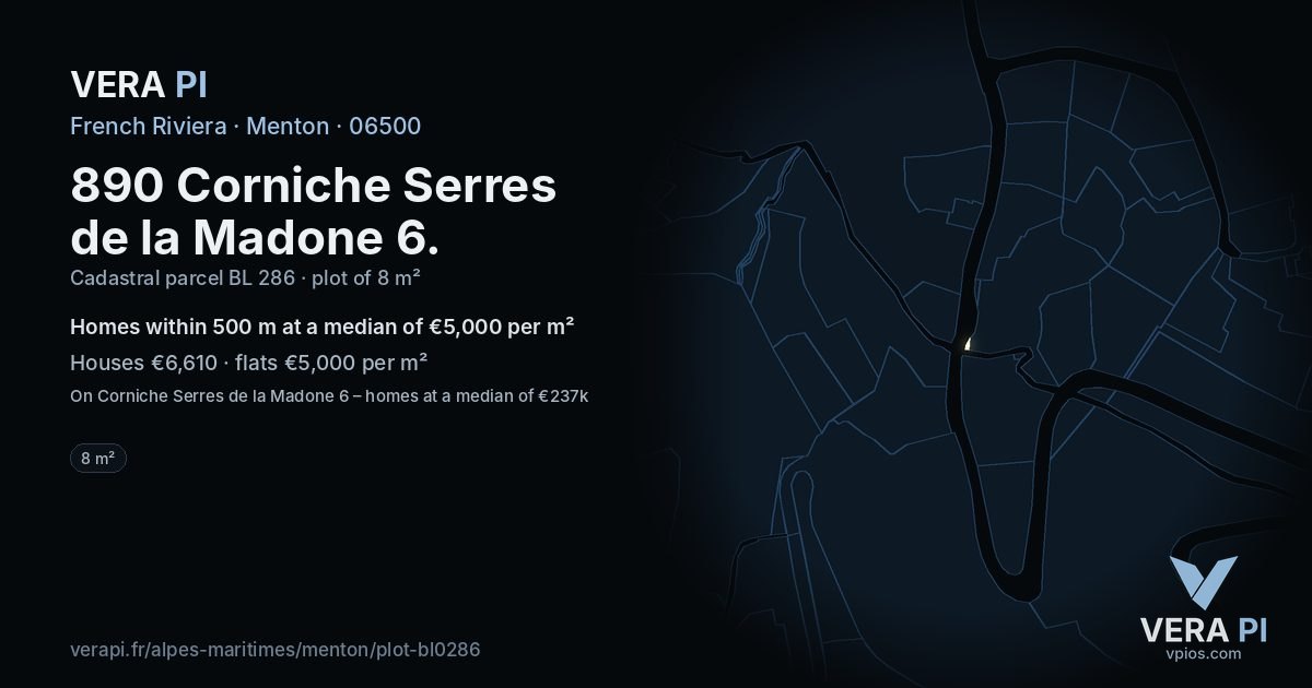 890 Corniche Serres de la Madone 6, Menton at night – the plot lit, the parcels around coloured by the prices near them