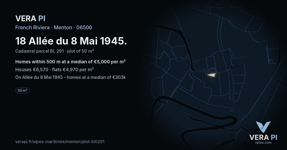 18 Allée du 8 Mai 1945, Menton at night – the plot lit, the parcels around coloured by the prices near them