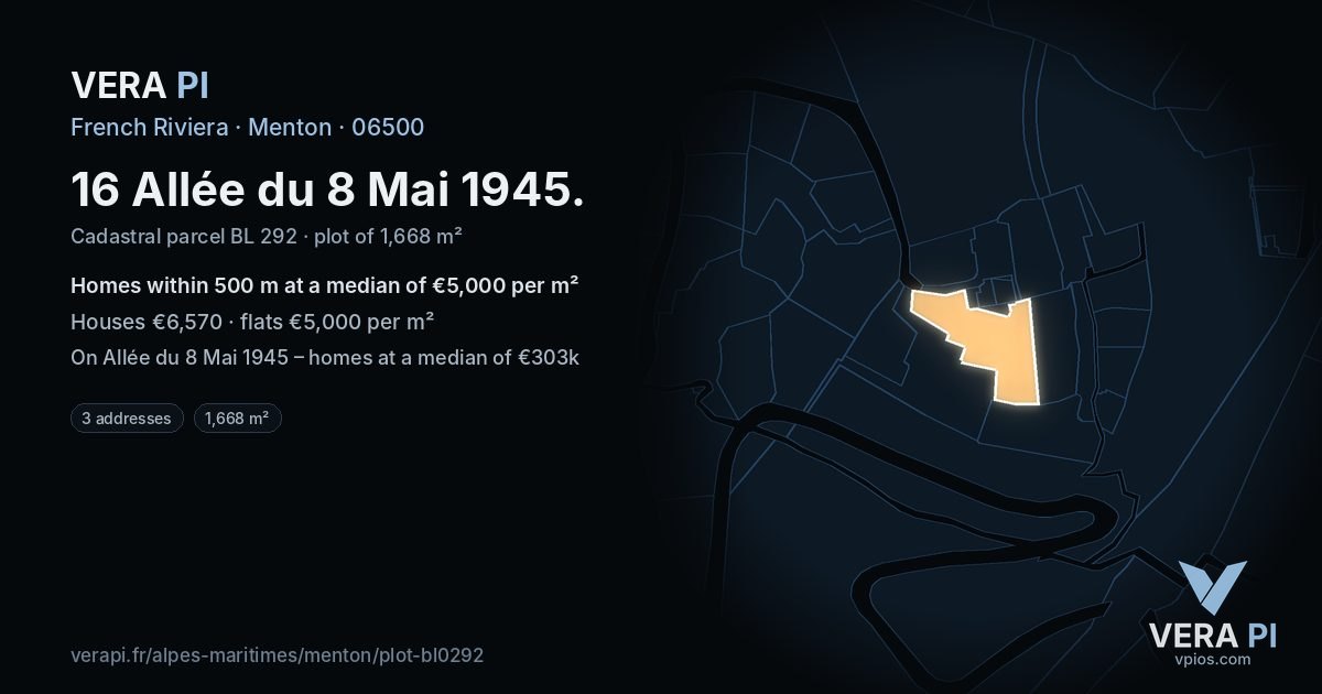 16 Allée du 8 Mai 1945, Menton at night – the plot lit, the parcels around coloured by the prices near them