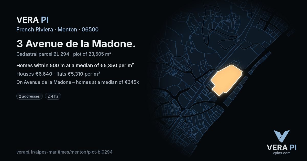 3 Avenue de la Madone, Menton at night – the plot lit, the parcels around coloured by the prices near them