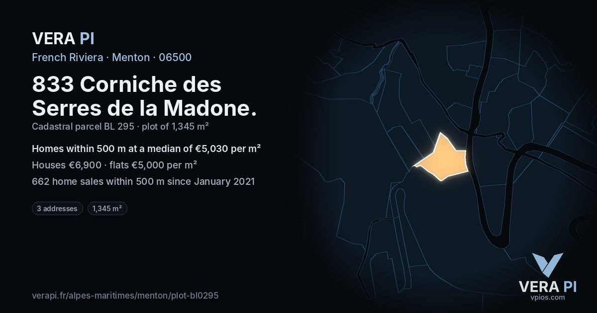 833 Corniche des Serres de la Madone, Menton at night – the plot lit, the parcels around coloured by the prices near them