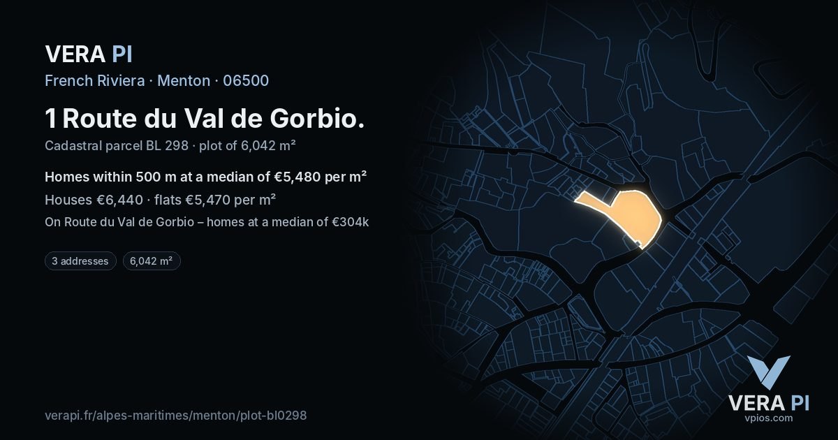 1 Route du Val de Gorbio, Menton at night – the plot lit, the parcels around coloured by the prices near them