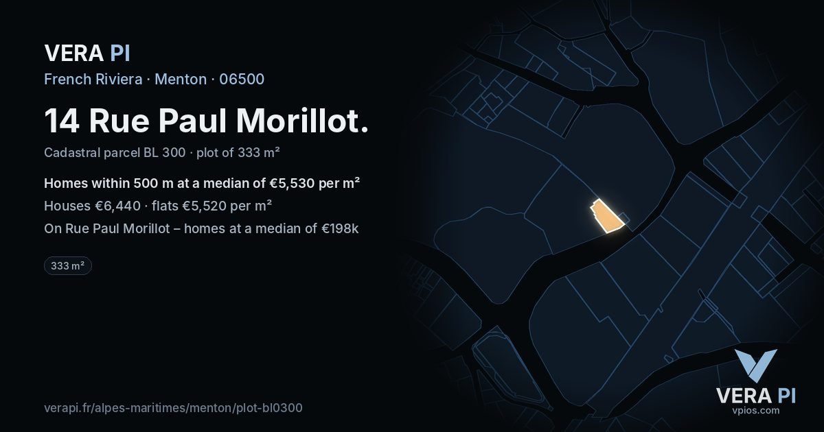 14 Rue Paul Morillot, Menton at night – the plot lit, the parcels around coloured by the prices near them