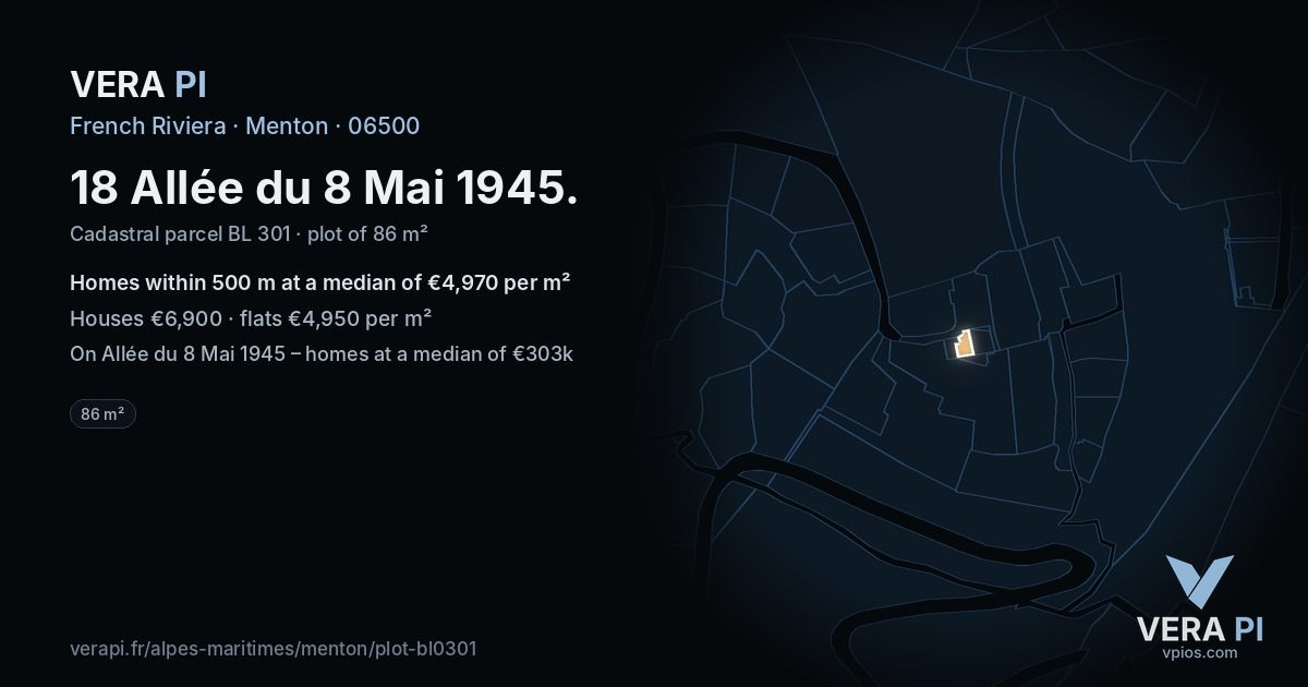 18 Allée du 8 Mai 1945, Menton at night – the plot lit, the parcels around coloured by the prices near them
