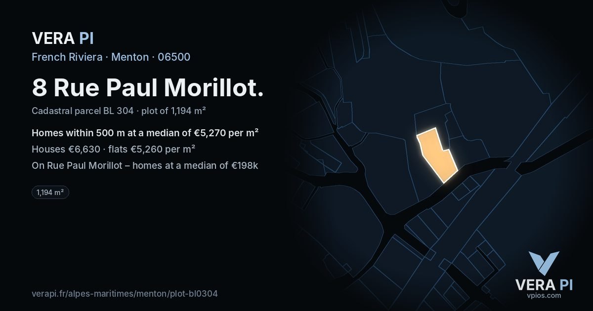 8 Rue Paul Morillot, Menton at night – the plot lit, the parcels around coloured by the prices near them