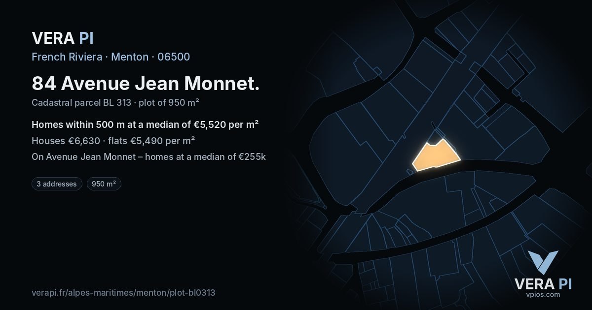 84 Avenue Jean Monnet, Menton at night – the plot lit, the parcels around coloured by the prices near them
