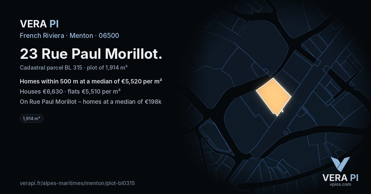23 Rue Paul Morillot, Menton at night – the plot lit, the parcels around coloured by the prices near them