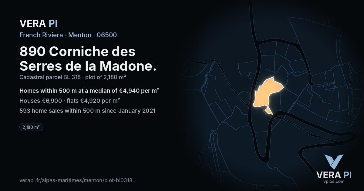 890 Corniche des Serres de la Madone, Menton at night – the plot lit, the parcels around coloured by the prices near them