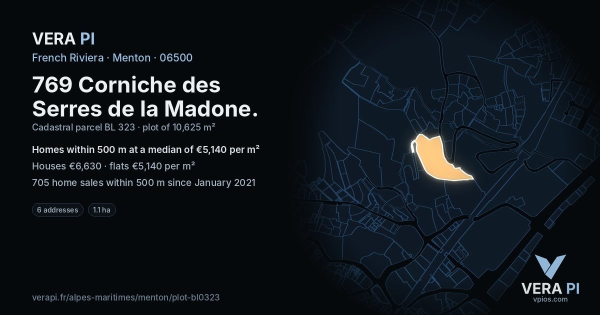 769 Corniche des Serres de la Madone, Menton at night – the plot lit, the parcels around coloured by the prices near them