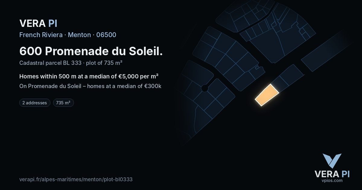 600 Promenade du Soleil, Menton at night – the plot lit, the parcels around coloured by the prices near them