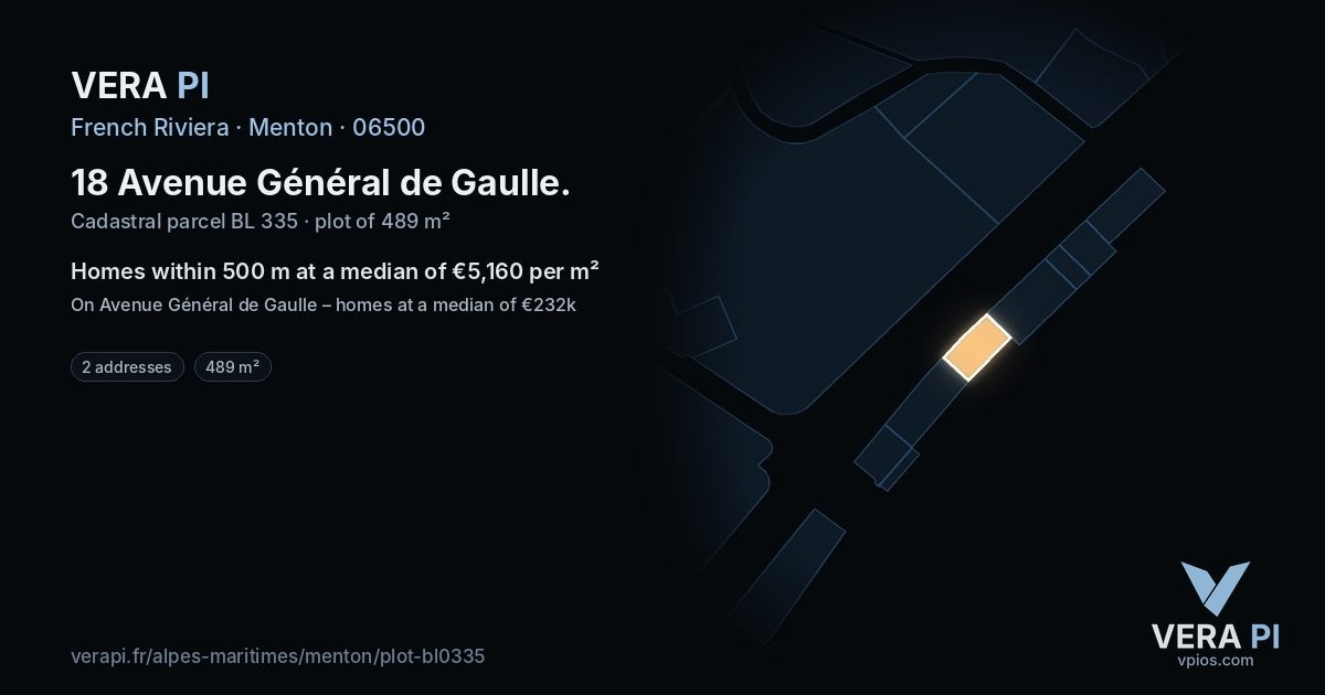 18 Avenue Général de Gaulle, Menton at night – the plot lit, the parcels around coloured by the prices near them