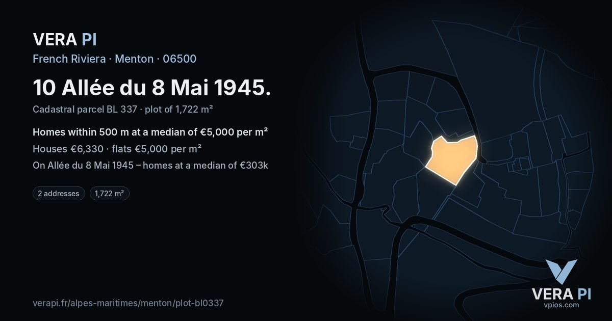 10 Allée du 8 Mai 1945, Menton at night – the plot lit, the parcels around coloured by the prices near them