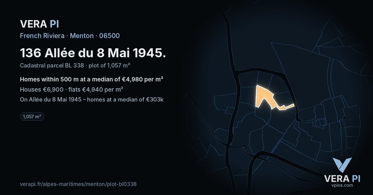 136 Allée du 8 Mai 1945, Menton at night – the plot lit, the parcels around coloured by the prices near them