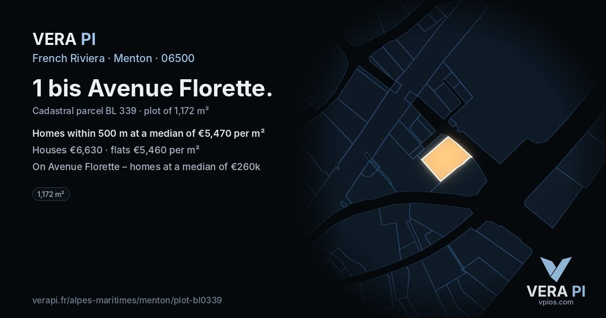 1 bis Avenue Florette, Menton at night – the plot lit, the parcels around coloured by the prices near them