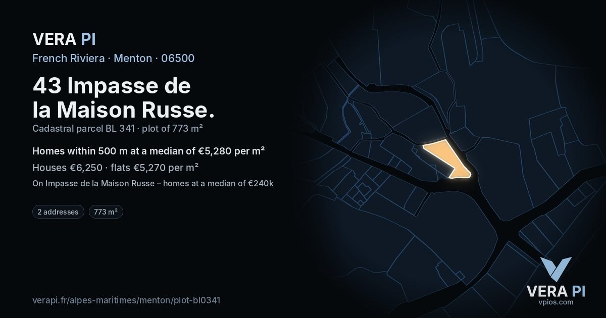 43 Impasse de la Maison Russe, Menton at night – the plot lit, the parcels around coloured by the prices near them