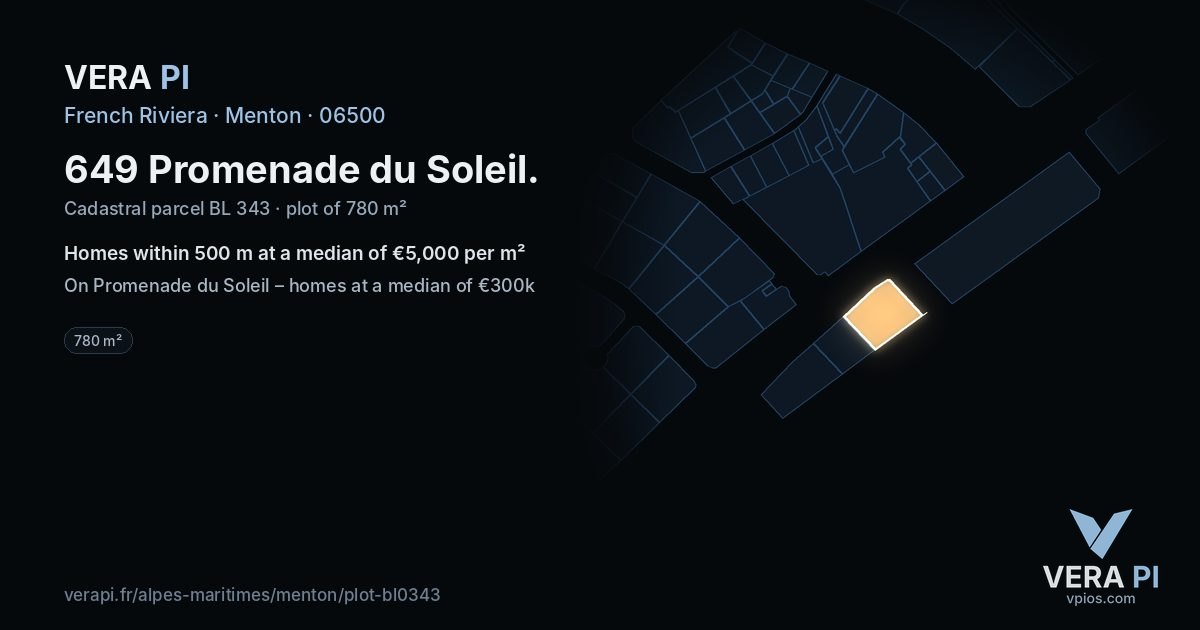 649 Promenade du Soleil, Menton at night – the plot lit, the parcels around coloured by the prices near them