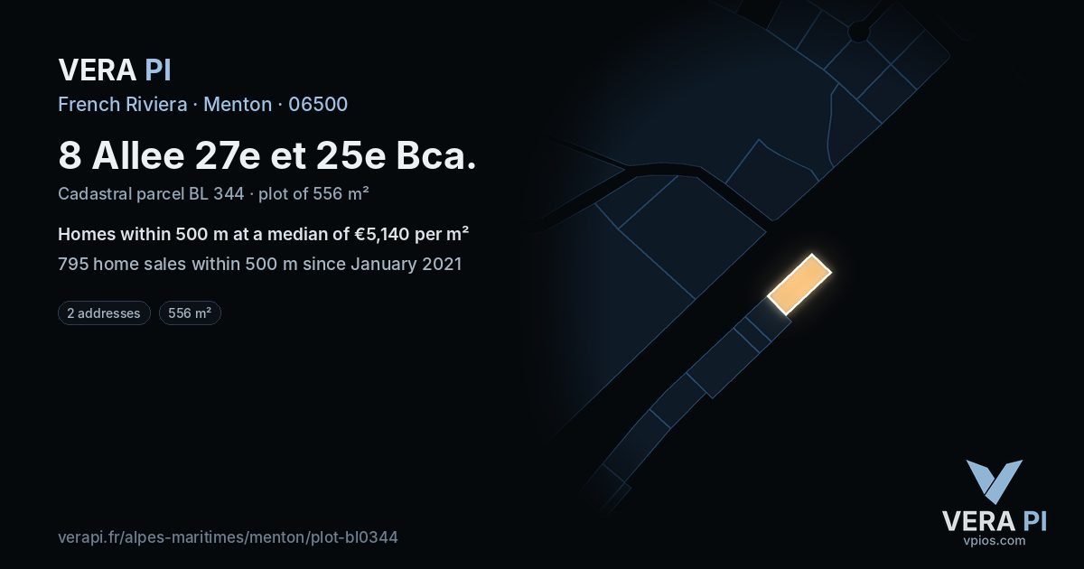 8 Allee 27e et 25e Bca, Menton at night – the plot lit, the parcels around coloured by the prices near them