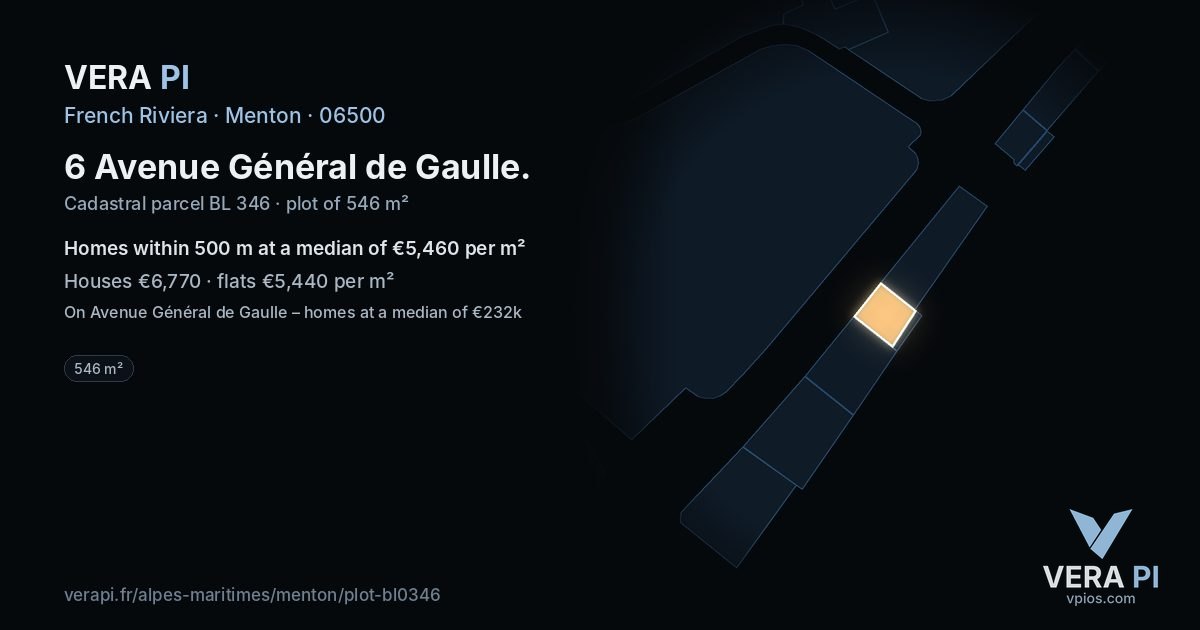 6 Avenue Général de Gaulle, Menton at night – the plot lit, the parcels around coloured by the prices near them