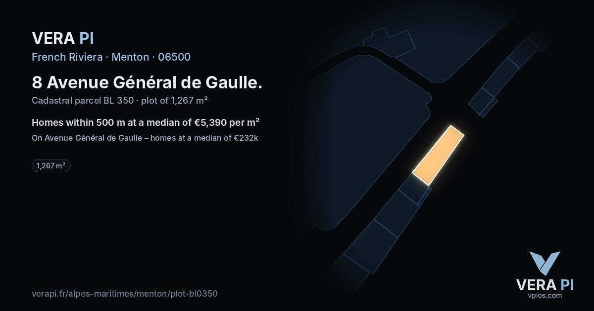 8 Avenue Général de Gaulle, Menton at night – the plot lit, the parcels around coloured by the prices near them