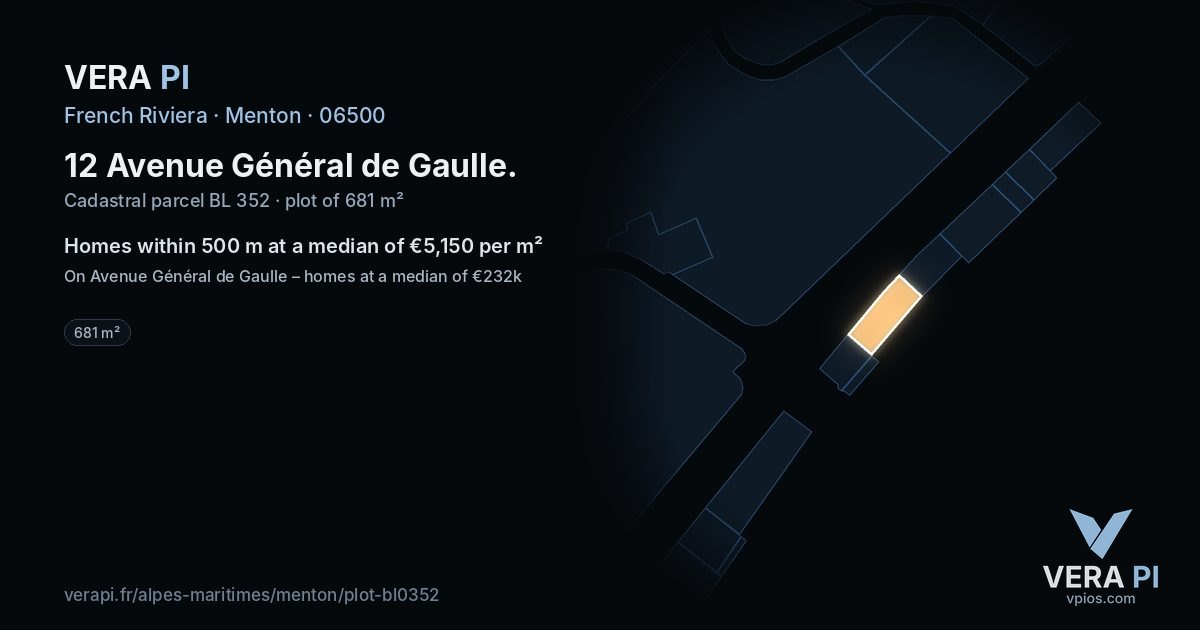 12 Avenue Général de Gaulle, Menton at night – the plot lit, the parcels around coloured by the prices near them