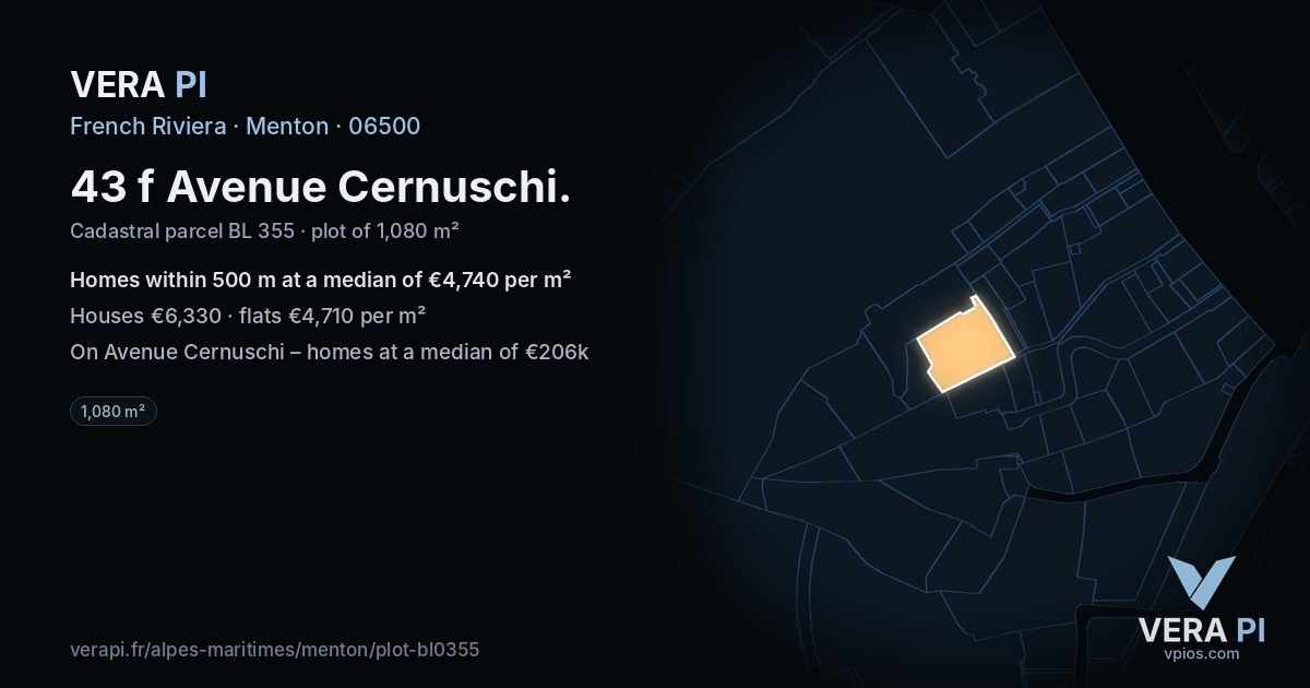 43 f Avenue Cernuschi, Menton at night – the plot lit, the parcels around coloured by the prices near them