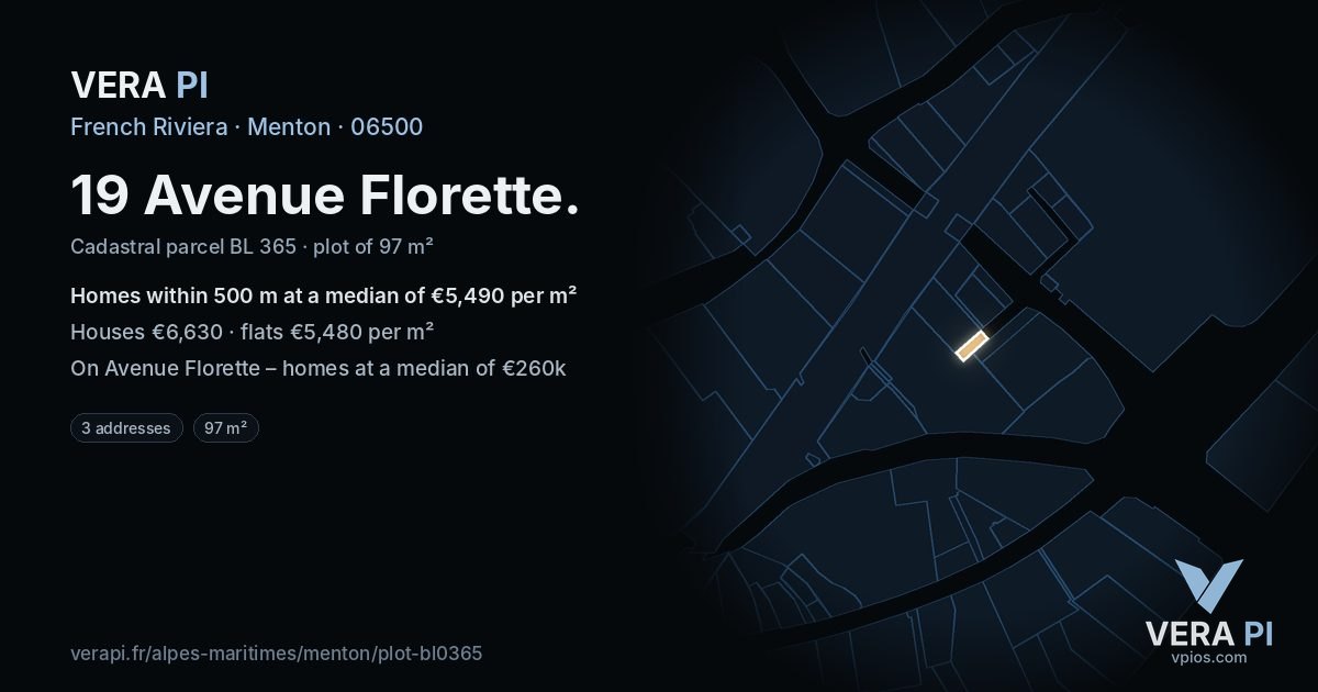 19 Avenue Florette, Menton at night – the plot lit, the parcels around coloured by the prices near them
