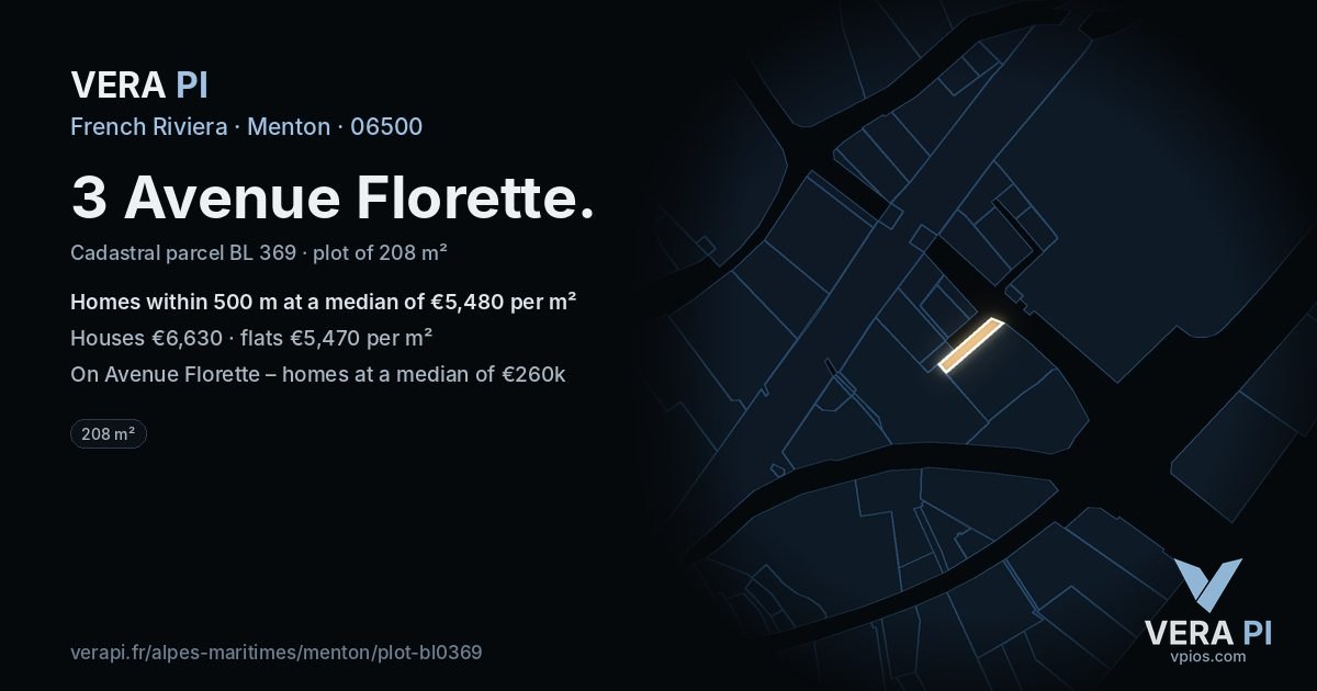 3 Avenue Florette, Menton at night – the plot lit, the parcels around coloured by the prices near them