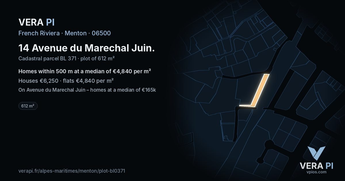 14 Avenue du Marechal Juin, Menton at night – the plot lit, the parcels around coloured by the prices near them