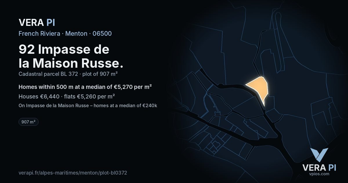 92 Impasse de la Maison Russe, Menton at night – the plot lit, the parcels around coloured by the prices near them