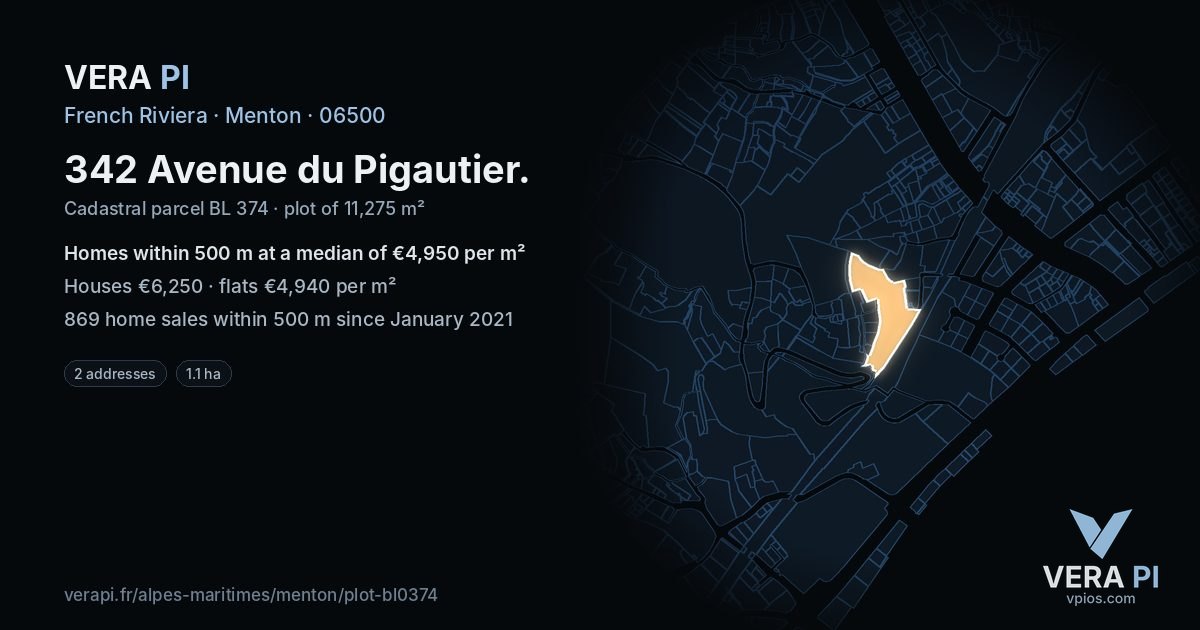 342 Avenue du Pigautier, Menton at night – the plot lit, the parcels around coloured by the prices near them
