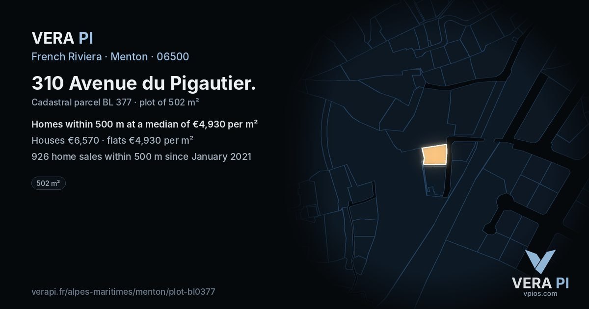 310 Avenue du Pigautier, Menton at night – the plot lit, the parcels around coloured by the prices near them