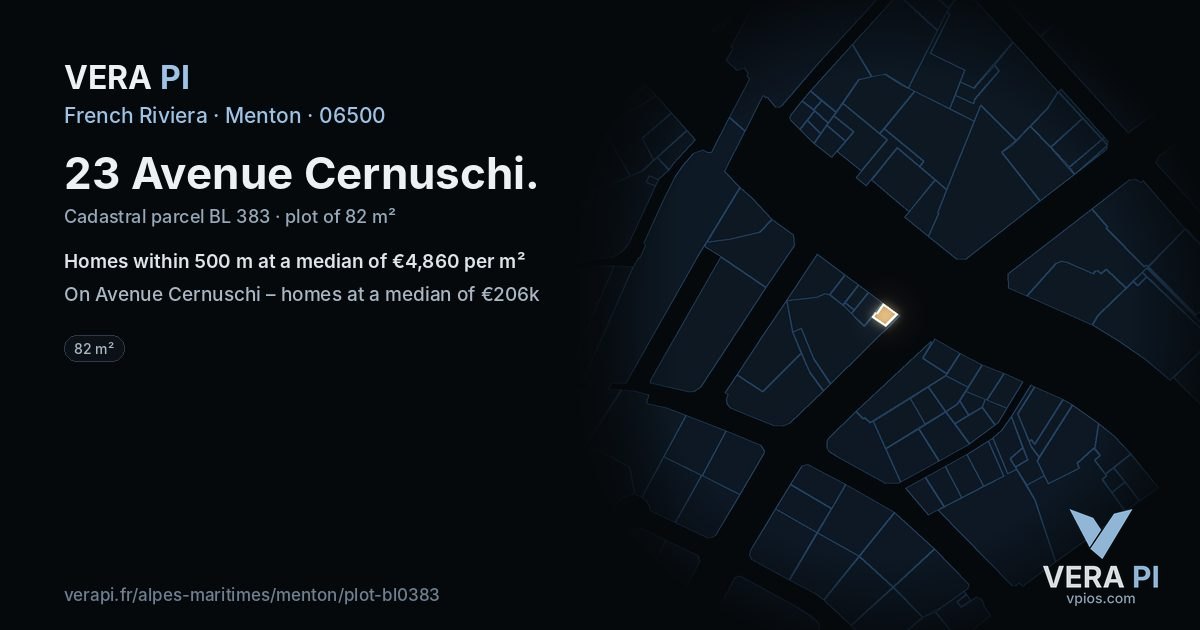23 Avenue Cernuschi, Menton at night – the plot lit, the parcels around coloured by the prices near them