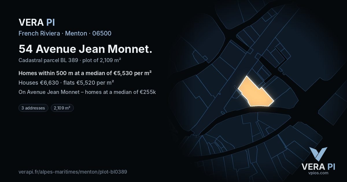 54 Avenue Jean Monnet, Menton at night – the plot lit, the parcels around coloured by the prices near them