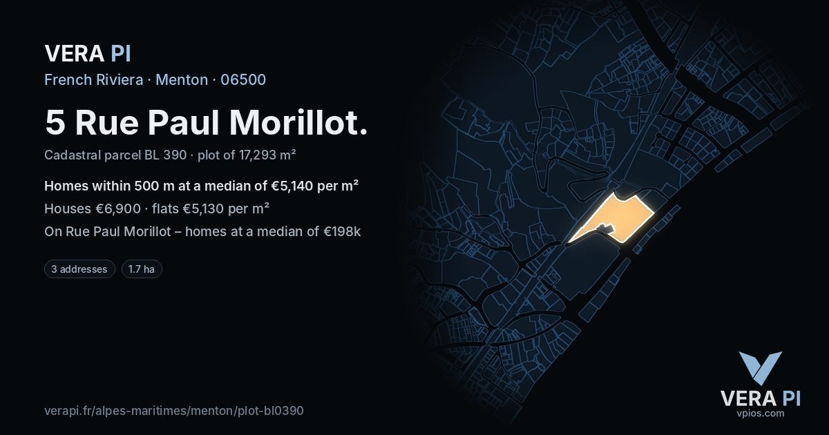 5 Rue Paul Morillot, Menton at night – the plot lit, the parcels around coloured by the prices near them