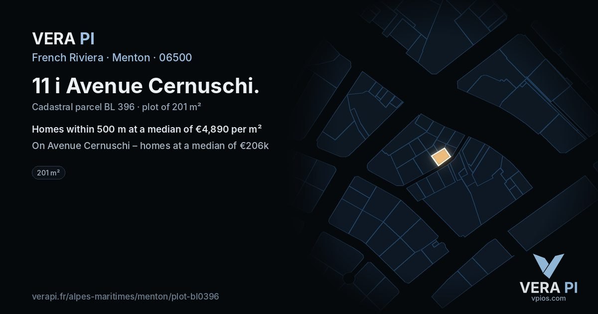 11 i Avenue Cernuschi, Menton at night – the plot lit, the parcels around coloured by the prices near them