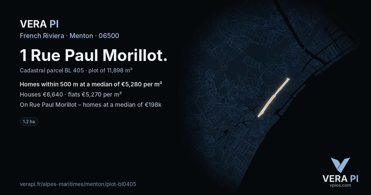 1 Rue Paul Morillot, Menton at night – the plot lit, the parcels around coloured by the prices near them