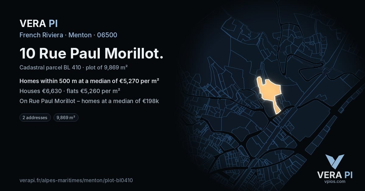 10 Rue Paul Morillot, Menton at night – the plot lit, the parcels around coloured by the prices near them