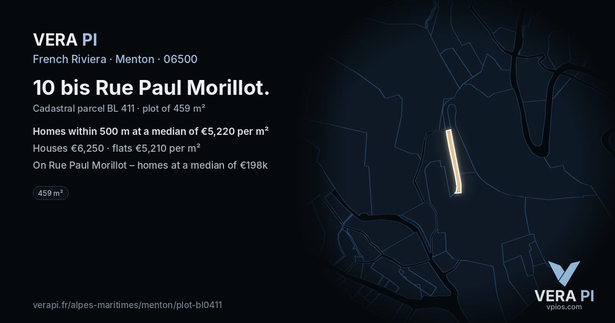 10 bis Rue Paul Morillot, Menton at night – the plot lit, the parcels around coloured by the prices near them