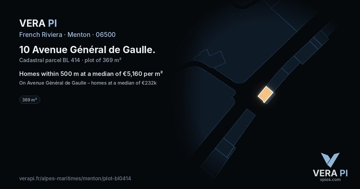 10 Avenue Général de Gaulle, Menton at night – the plot lit, the parcels around coloured by the prices near them