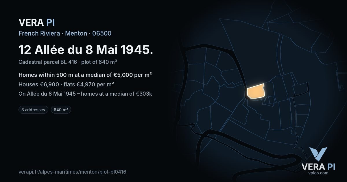 12 Allée du 8 Mai 1945, Menton at night – the plot lit, the parcels around coloured by the prices near them