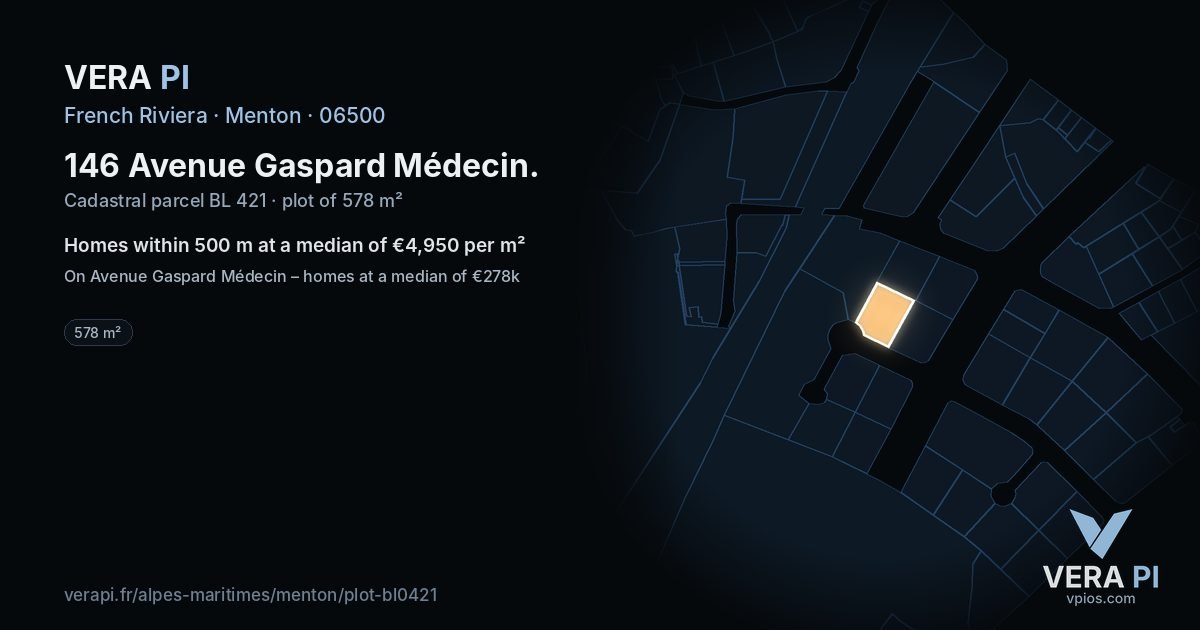 146 Avenue Gaspard Médecin, Menton at night – the plot lit, the parcels around coloured by the prices near them
