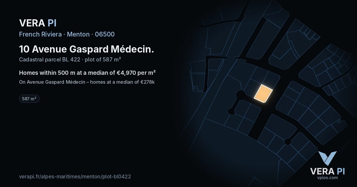 10 Avenue Gaspard Médecin, Menton at night – the plot lit, the parcels around coloured by the prices near them