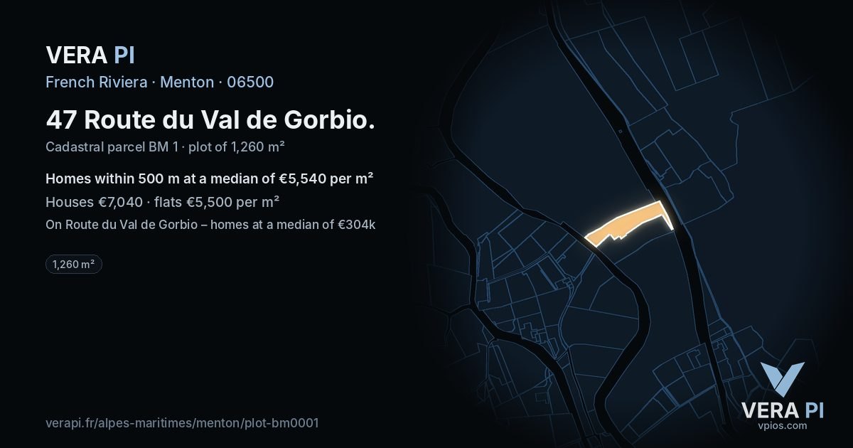 47 Route du Val de Gorbio, Menton at night – the plot lit, the parcels around coloured by the prices near them