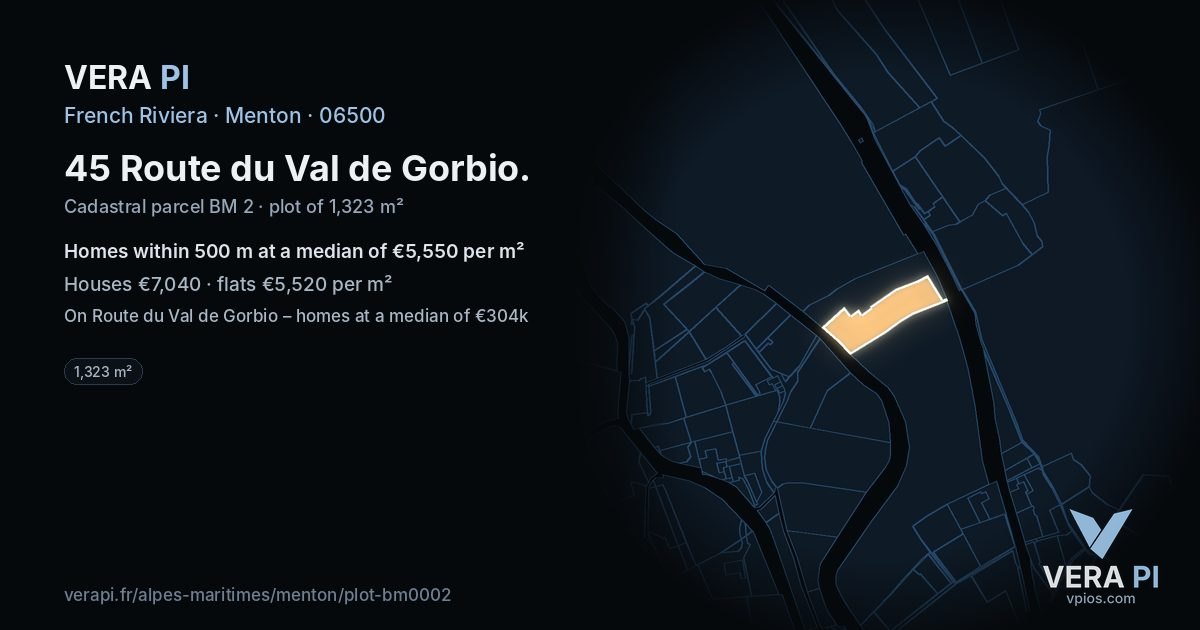 45 Route du Val de Gorbio, Menton at night – the plot lit, the parcels around coloured by the prices near them