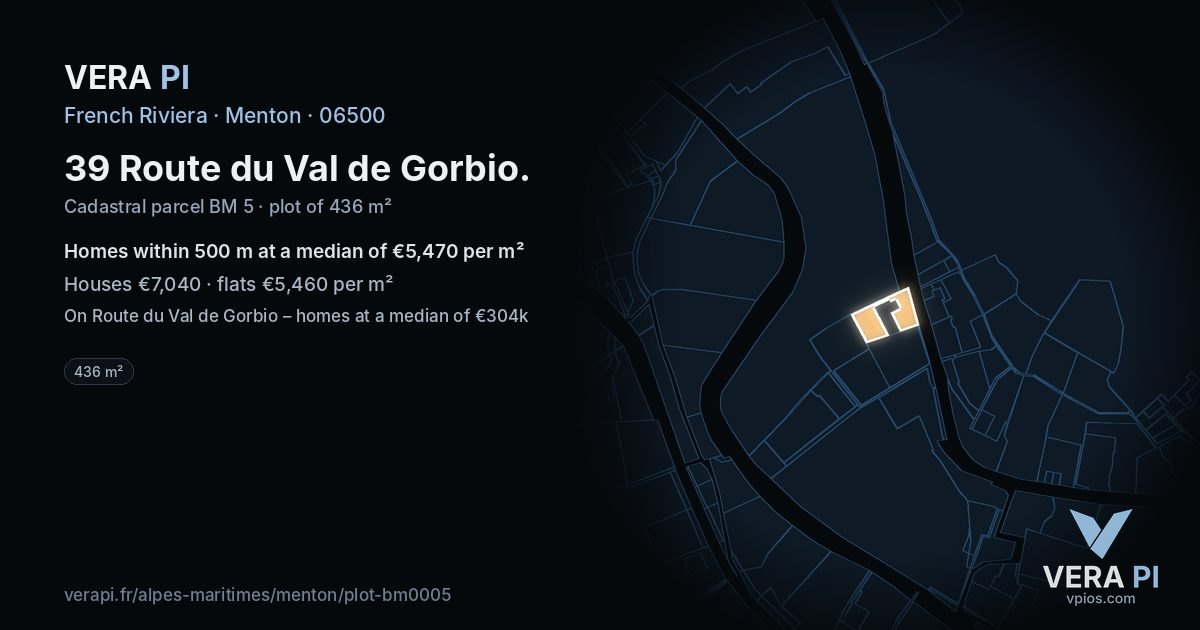 39 Route du Val de Gorbio, Menton at night – the plot lit, the parcels around coloured by the prices near them