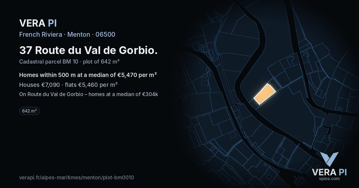 37 Route du Val de Gorbio, Menton at night – the plot lit, the parcels around coloured by the prices near them