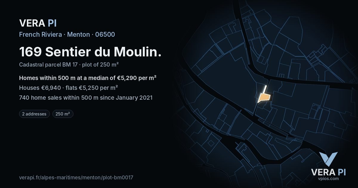 169 Sentier du Moulin, Menton at night – the plot lit, the parcels around coloured by the prices near them