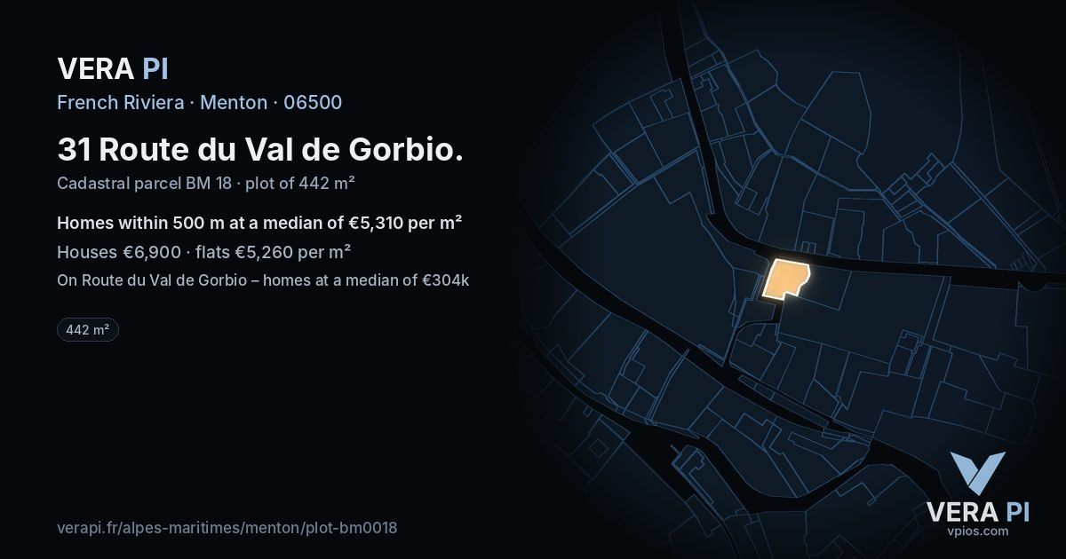 31 Route du Val de Gorbio, Menton at night – the plot lit, the parcels around coloured by the prices near them