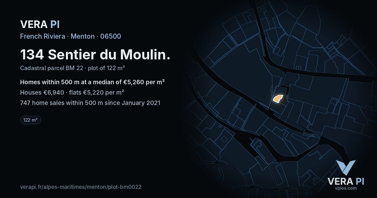 134 Sentier du Moulin, Menton at night – the plot lit, the parcels around coloured by the prices near them