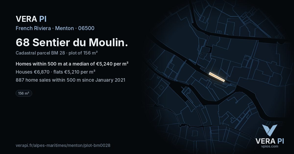68 Sentier du Moulin, Menton at night – the plot lit, the parcels around coloured by the prices near them